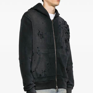 เสื้อฮู้ดดี้ผู้ชายสไตล์สตรีทแบบมีซิป ดีไซน์โอเวอร์ไซส์ ผ้าฟลีซพิมพ์ลายแบบดิสเทรส ขายส่งจำนวนมากสำหรับฤดูหนาว - Product Image 3