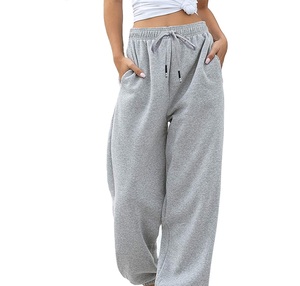 Women Gray Harem <b>Pants</b> Mid Waist Drawstring Loose Fit Full Length Casual Solid Color Cotton Fleece Breathable Autumn Wear - Product Image 3
