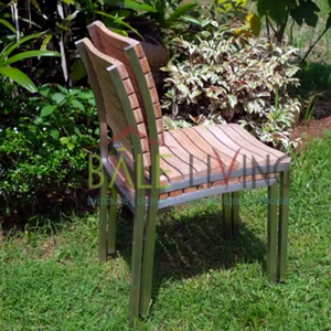 Silla de comedor de teca maciza con marco industrial de acero inoxidable para el hogar, oficina, almacén, hotel y apartamento, estilo de madera - Product Image 1