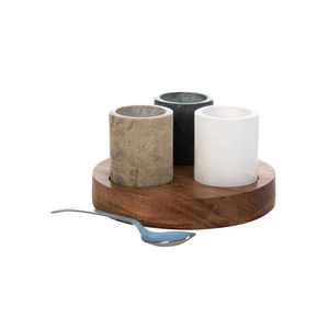 Juego de 3 tazones de mármol para sal y pimienta con plato de madera Juegos de Azucareros de mármol grandes redondos de calidad superior para una cena elegante - Product Image 4