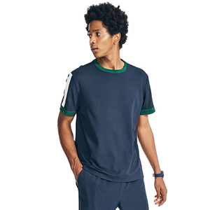 Camiseta deportiva azul marino para hombre con ribete verde, Camiseta deportiva informal de manga corta que absorbe la humedad, ropa deportiva para entrenamiento de gimnasio - Product Image 1