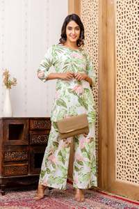 Conjunto de dos piezas de algodón 100% de alta calidad, verde, blanco, estampado abstracto, estilo Kurta, Top con cuello en V y Pantalón recto hasta la rodilla, informal - Product Image 6