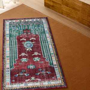 Tapis mural turc anatolien imprimé à motif vintage, vert et rouge bordeaux, lavable en machine, tapis doux non tissé - Product Image 3