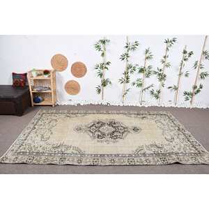 Alfombra turca Vintage Beige Marrón 5,6 X 9.2ft Tejido plano de lana con patrón de retazos para decoraciones de sala de estar - Product Image 1