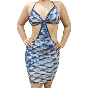 New Article Fashion Blue Scales Print Halter Neck Cut-Out Mini Dress Womens Swim Wear Bodycon Lingerie Dress - Product Image 1