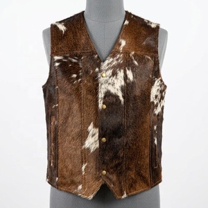 Gilet en fourrure imprimé animal marron et blanc pour homme, col en V, simple boutonnage, vêtement d'extérieur décontracté, fermeture boutonnée, pour l'automne - Product Image 1