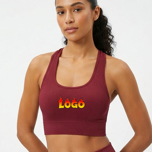 Soutien-gorge de sport côtelé personnalisé pour femme avec logo imprimé sur le devant, dos nageur, col rond, maintien moyen, respirant, idéal pour le fitness et le yoga - Product Image 1