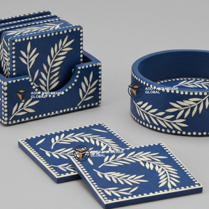 Fournisseur indien propose un ensemble de dessous-de-verre écologiques en os incrusté bleu et blanc faits à la main, épaisseur 3 mm, avec support et motif floral - Product Image 5