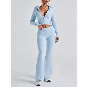 Conjunto de chándal de pantalones acampanados con capucha para mujer, ropa deportiva Y2K retro personalizada al por mayor - Product Image 1