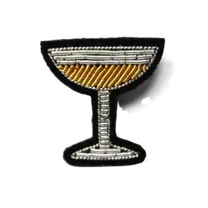 OEM Embroidered Pin Patch Brooch Cocktail Glass Bullion Fashion Jewelry Pins Patch Handmade Colored Bullion Wire Jackets Shirts