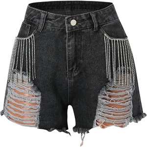 Pantalones cortos de Mezclilla-Pantalones cortos de mezclilla para mujer de verano 2025 Pantalones cortos rasgados azul sólido con estilo - Product Image 1