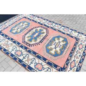 Tapis de 5,8 x 8,3 pieds, grand tapis turc vintage, tapis en laine bleue - Product Image 4