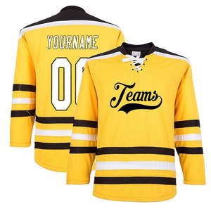 Maillot de hockey sur glace jaune personnalisé, uniforme d'équipe professionnel, vêtements de sport athlétiques rayés noir et blanc, haut de hockey personnalisé - Product Image 1