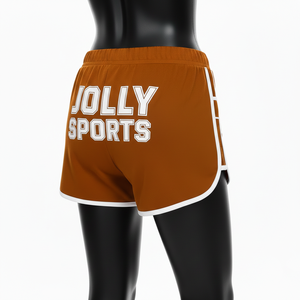 Shorts de poliéster y spandex premium para mujer, color naranja con ribetes blancos, paneles laterales de malla, logotipo personalizado con serigrafía. Shorts para mujer. - Product Image 5