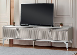 Moderno Soporte de TV Convertible de Madera Maciza Negra y Dorada con Almacenamiento para Televisores de 65 Pulgadas y Más Grandes, Mueble de Salón con Montaje en Suelo - Product Image 3