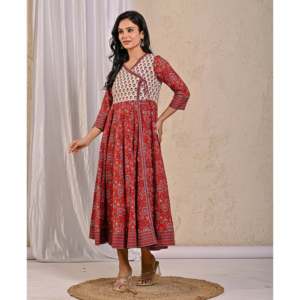 Vestido indio rojo Jaal Jaipuri estampado, Angrakha largo de algodón, Choli con Lehenga y Salwar, estilo Bollywood, Saree - Product Image 5