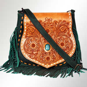 Sac à bandoulière en cuir fait à la main Lady Western avec frange florale Turquoise Stone Vintage Boho Style léger et de haute qualité - Product Image 1