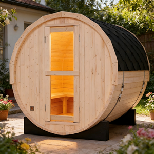 Sauna 6 kW pour 4 personnes – Design en baril de pin blanc avec toiture imperméable - Product Image 1