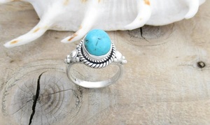 Plata de Ley 925 estilo clásico compromiso boda banda corte ovalado Bella Durmiente turquesa piedras preciosas bisel ajuste Spinner anillo - Product Image 2