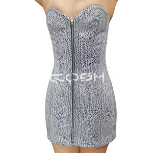 Sweetheart Neckline Overbust <b>Steel</b> <b>Boned</b> White & Black Snakeskin Texture Strapless PVC Mini Dress with Zipper Front - Product Image 5