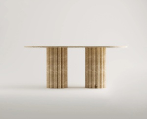Mesa de Centro Ovalada de Travertino de Lujo con Patas de Columna Acanaladas, Diseño de Piedra Sólida para Interiores Modernos y Elegantes - Product Image 2