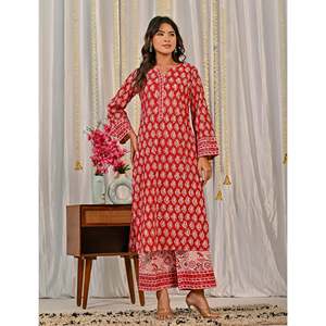 Ensemble Kurta et pantalon en coton rouge avec imprimé bloc pour un usage quotidien - Product Image 6