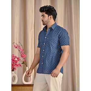 Camisa de Algodón Popelina Azul Estampada de Manga Corta para Hombre, Transpirable, Estilo Casual, Accesorio de Moda ODM - Product Image 4