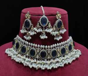 White <b>Gold</b> Plated Designer Polki Necklace <b>Set</b> with Earrings Bridal <b>Jewelry</b> for Wedding & Party Celebration Brass Material - Product Image 1