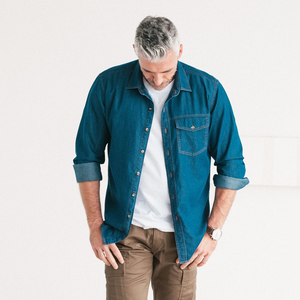 Camisa informal ajustada de manga larga de algodón vaquero teñido con hilo para hombre, transpirable, de secado rápido, Bangladesh - Product Image 3