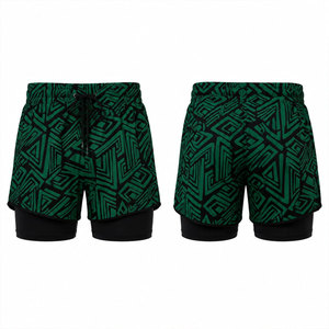 Shorts de sport décontractés pour hommes à séchage rapide, imprimé géométrique, taille mi-haute avec cordon de serrage, motif vert et noir, en Spandex et Polyester - Product Image 1
