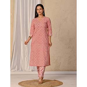 Peach Butta <b>Block</b> <b>Printed</b> Cotton Kurta Pant Set Indian Pakistani Style Ethnic Net Fabric for Party Wear Special Occasions - Product Image 3