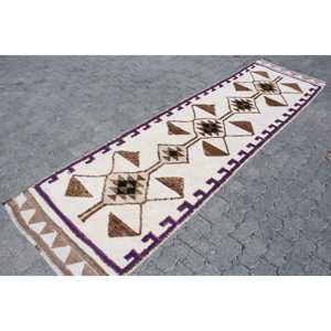 Turkish 3x11.1 ft Rug, Runner Vintage Rug, <b>Brown</b> White Plants & trees <b>Wool</b> Rug - Product Image 3