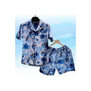 Relaxed Fit Summer Shirt and Shorts Set for Men White and Blue Leaf Patterned Short Sleeve & Loose Collar - Product Image 6
