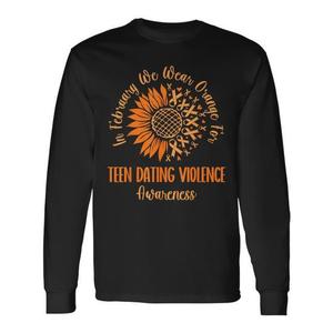 T-shirt a maniche lunghe per il mesi di febbraio sulla consapevolezza della violenza nei rapporti di fidanzamento tra adolescenti, con girasole arancione - Prodotto promozionale - Product Image 1