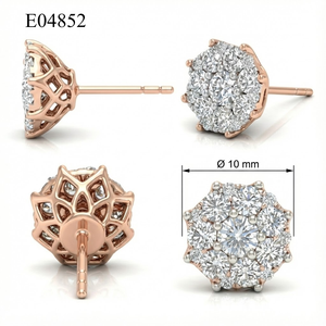 Magnifiques boucles d'oreilles clous en or rose massif 18 carats avec diamants, grappe ronde, illusion solitaire, couronne, panier, cadeau romantique pour les amoureux - Product Image 2