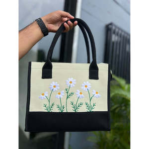 Green Floral Embroidered Tote Handbag Single Handle Canvas Felt Solid Color <b>Working</b> Women Shoulder Carry <b>Bag</b> Luxury Vibe <b>Bag</b> - Product Image 6