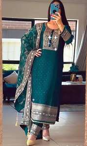 2024 exclusif semi-cousu en soie de qualité lourde Salwar Kameez costume ethnique style pakistanais avec manches complètes et Dupatta - Product Image 3