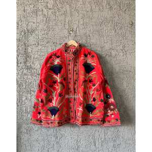 Handmade Red Velvet <b>Jacket</b> with Suzani Embroidery Quilted Reversible XL Indian Cotton Coat for Autumn Winter Varsity Style - Product Image 1