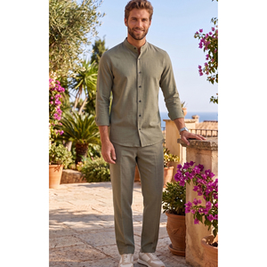 Ensemble chemise en lin vert kaki à col mandarin et pantalon à taille élastique pour homme - Product Image 2