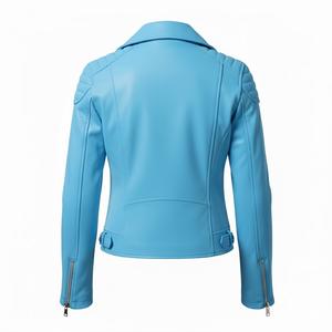 Blouson de moto en cuir bleu ciel pour femmes, vente en gros personnalisée, usage quotidien, style motard, veste en cuir véritable pour femmes, fournisseur en gros - Product Image 2