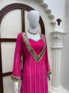 Designer Real <b>Mirror</b> Work <b>Gold</b> Zari Top With <b>Gold</b> Zari Sharara Bottom Fully Stitched Ready To Wear Set - Product Image 5