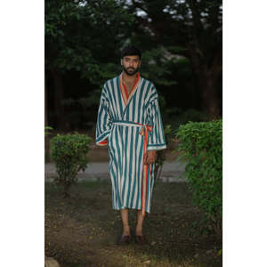 Men's Long Striped Reversible Kimono <b>Robe</b> Breathable Lightweight Cotton Boho Home Wear Pockets One Size for <b>Beach</b> Home - Product Image 2