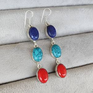 Pendientes Colgantes de Piedras Múltiples de Lapislázuli, Turquesa y Coral Rojo, Alambre para Oreja Chapado en Plata 92.5, Joyería Boho Hecha a Mano, Regalo - Product Image 5