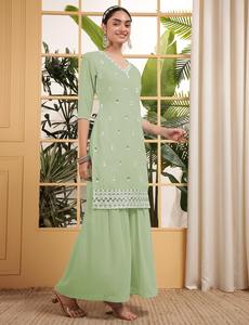 Kurta brodé pour femmes avec palazzo tenue de fête et de fête à la mode costume indien élégant pour les mariages et les occasions - Product Image 3
