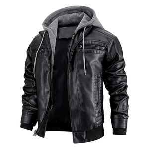 Chaqueta de cuero para hombre, chaqueta de motocicleta ajustada con capucha, abrigo de PU, ropa informal a prueba de viento para otoño e invierno, sombrero desmontable para hombre - Product Image 5