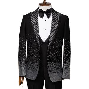 Costume de mariage élégant pour homme en 80 % laine, coupe ajustée, orné de strass, pour événements formels, avec braguette spéciale en laine peignée - Product Image 1