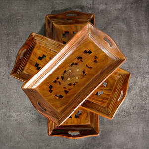 Juego de 3 bandejas rectangulares clásicas de madera hechas a mano de primera calidad, hechas de madera de Sheesham para cocina, comedor y vajilla, India - Product Image 4