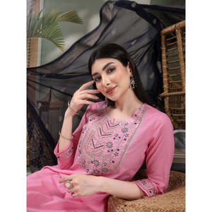 Kurta Recta Bordada de Algodón Puro para Mujer con Pantalones y Dupatta, Estilo Pakistaní, Ropa Étnica India para Diversas Ocasiones - Product Image 2