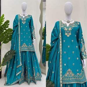 Chinon Silk Palazzo Suit Set para mujer con hilo de lentejuelas trabajo y encaje Dupatta 5 colores Bollywood Party Wear 2025 Bulk - Product Image 6