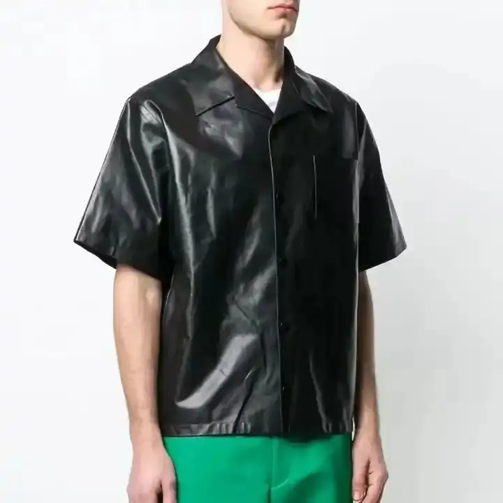 Camisa de cuero de estilo genuino de cuero negro para hombre, camisa de fiesta Gay Bluf, camisa de cuero de manga corta